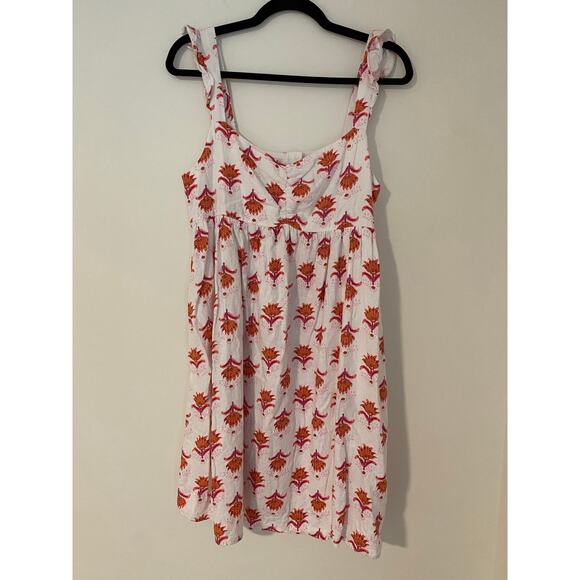 J Crew Block Print White Pink Orange Linen Blend Ruffle Mini Dress EUC 8 - Picture 2 of 12